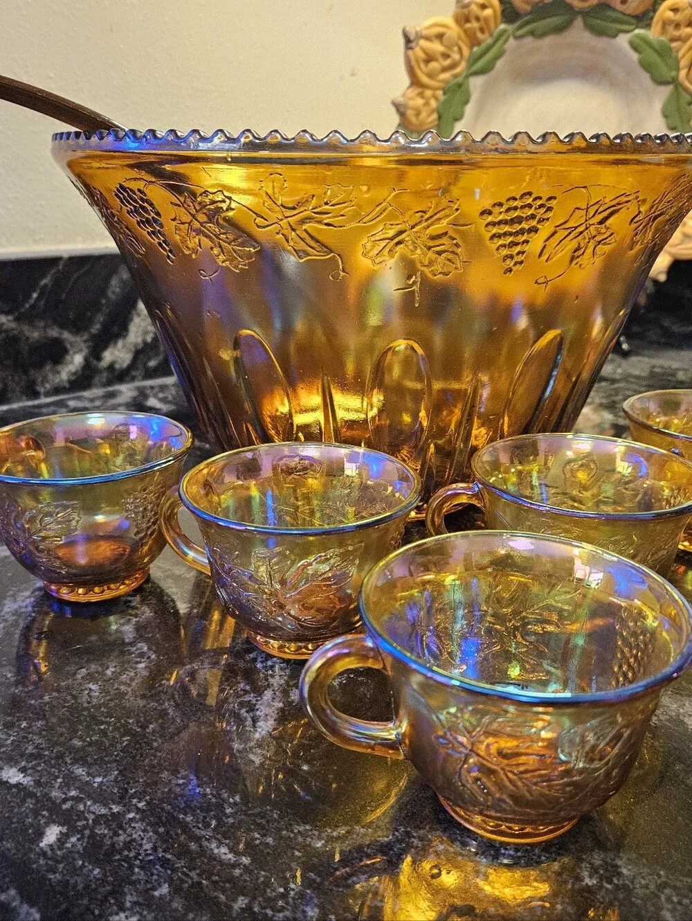 Vintage Indiana Glass Harvest Grape Punch Bowl Set -Iridescent Marigold Carnival
